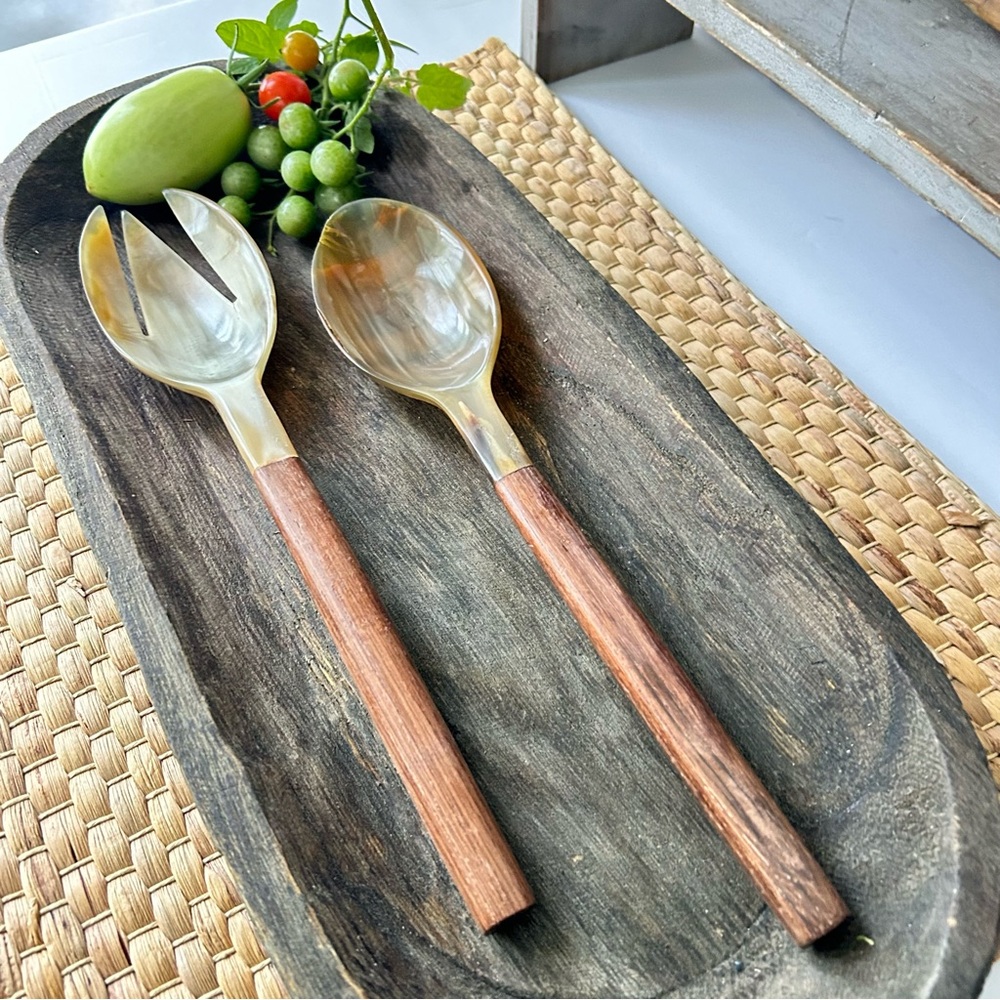 🌴Vintage Polished Natural Horn Salad Servers with Wooden Handles | Set of 2